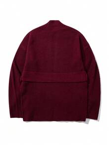 Women's Solid Color Casual Vertical Stripe Textured Design V-Neck Loose Wrap Waist Tie Long Sleeve Sweater Cardigan, Suitable For Spring, Autumn And Winter - Burgundy - View 4