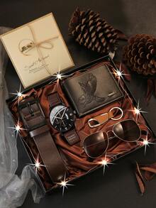 7pcs Men's Classic Fashion Casual Versatile Watch, Wallet, Belt, Sunglasses, Keychain, LED Light, Greeting Card Gift Set With Gift Box, Perfect For Him On Holidays, Birthdays, Father's Day, Daily Accessories - Brown - View 3