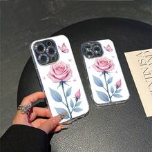CLEAR  CASE Pink Rose With Blue Leaves And ButterfliesCompatible With  11 To  17 Models The Cases Lens Protection Function Ensures The Camera Remains Undamaged During Shooting  Guaranteeing Image Quality - Clear - View 6