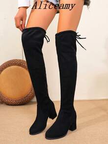 2025 New Fashion Women's Lace-Up Over-The-Knee Boots, Sexy Western Style Warm Over-The-Knee Boots, Lace-Up Slim Fit Black Party Boots - Black - View 1