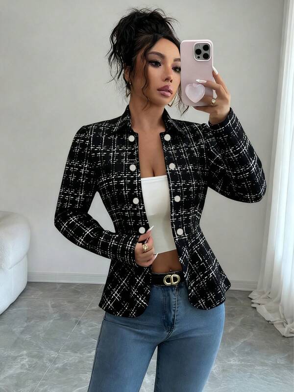 Women's Plaid Front Button Fuzzy Ruffle Hem College Style Jacket, Autumn/Winter