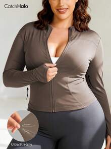 Plus Size Slim Fit Lightweight Yoga Jacket With Thumb Holes And Funnel Neck, Suitable For Gym, Running, Cycling And Everyday Wear