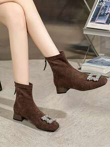 Qiluyuan Women's Fashion Boots, New Luxury Rhinestone Buckle Decor Square Toe Mid Heel Thick Heel Office Boots, Elastic Slim Fit Ankle Boots For Holiday Events, Dates - Coffee Brown - View 7