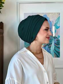 1件装女士经典二合一速戴头巾/头带，高弹褶皱设计，可调节魔术贴，吸湿排汗针织面料，适合穆斯林日常生活和聚会场合。 - 墨綠色 - 查看 5