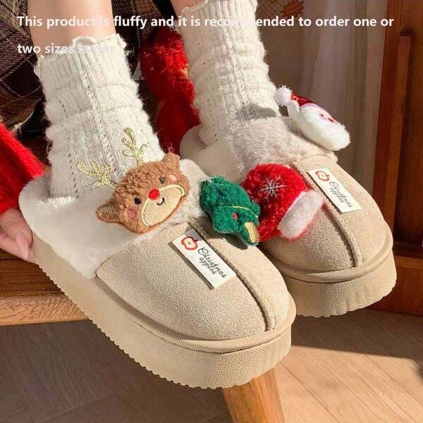 2025 New Cute Cartoon Christmas Indoor Warm Comfortable Plush Slippers, Thick Sole Non-Slip Versatile Casual Plush Slippers