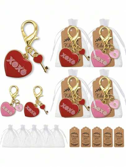3pcs/Set Heart Shaped Keychain Gift Set - XOXO Letter & Heart Design, With Kraft Paper Tag And Organza Bag, Exclusive Valentine's Day Gift, Suitable For Wedding, Birthday, Valentine's Day, Bridal Shower
