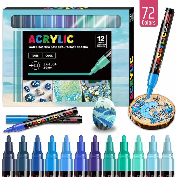 Conjunto de 72 Canetas Marcadoras Acrílicas Vibrantes, 6 Sistemas de Cores, 1 Caixa com 12 Unidades em Degradê - Canetas de Secagem Rápida e Sem Borrões - Ponta Média (2-3mm) - Ideais para Pintura em Pedra, Papel Preto, Decoração de Skate, Madeira, Plástico, Tela e Cartões de Natal.
