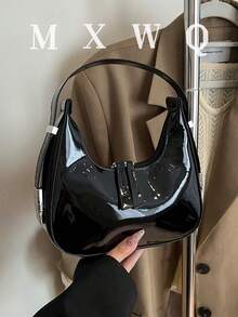 新款迷你亮面可调节肩带新月形单肩包，百搭休闲手提包，圣诞礼物，派对，前卫，简约风格 - 黑色 - 查看 2