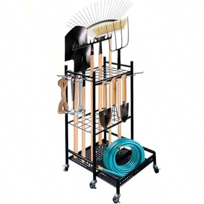 KitchEss Garden Tool Organizer With Wheels Garage Storage Racks With Garage Hooks Metal Yard Tool Stand Holder Garage Tool Organiser For LongHandled Broom Shovel Rake