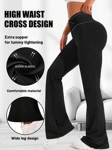 [Extremely Soft] Criss-Cross Elastic Flare Pants, Minimalist High Waist Commuting & Yoga Pants, Sexy Casual Sports Leggings, Single-Piece Butt-Lifting Design Flared Pants, Women's Sportswear, Knit Fabric, Stretchy & Comfortable, Suitable For Daily Wear And Workout
