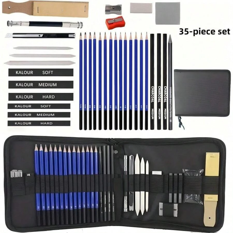The 35 Piece Sketch Set Includes Charcoal Pencils, Graphite Pencils, And Various Accessories. It Is A Must-Have For School, Stationery Supplies, And Holiday Supplies Art Set - 藍色35件套裝 - 查看 1