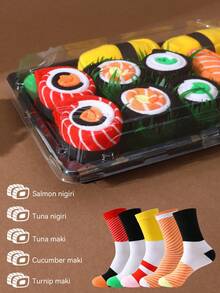 5 Pairs Multicolor Mid-Calf Gift Socks, Unisex & Couples, Soft Sushi Design, Creative Food-Inspired Patterns, Comfortable & Versatile, Suitable For Birthday, Valentine's Day, Easter, Ramadan, Dates, Family Gatherings, Parties, Unique & Fashionable Casual Wear - Multicolor - View 8