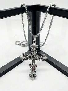 1pc European And American Cross Pendant Necklace, Retro Style Jewelry, Non-Fading Men's Fashionable Summer Necklace For Both Genders, Hip-Hop Designed Sweater Chain Pendant, Apparel Accessory For Gifts Or Wholesale, Suitable For Daily Wear For Men - 彩色 - 查看 3