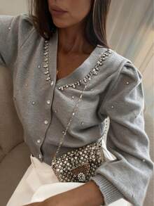 Áo khoác cardigan dài tay cổ chữ V màu xám thanh lịch, cao cấp dành cho nữ, cài cúc phía trước, đính đá, chất liệu dệt kim gân, thoải mái, thích hợp cho mùa thu/đông, đi chơi, tiệc tùng, hẹn hò, dạo phố, đi học, nghỉ dưỡng, Giáng sinh và năm mới. - Xám - Xem 10