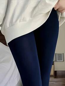 1 Pair Plus Size 80D Opaque High Waist Leggings, Soft Polyester Solid Color Tights, Hand Washable, Multiple Colors For Women - Navy Blue - View 5