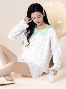 Conjunto de pijama feminino de 2 peças com estampa de bolinhas, blusa de manga comprida com gola Peter Pan e shorts. Roupa casual ideal para primavera, verão, outono, inverno e Dia dos Namorados. - Multicolorido - Ver 4
