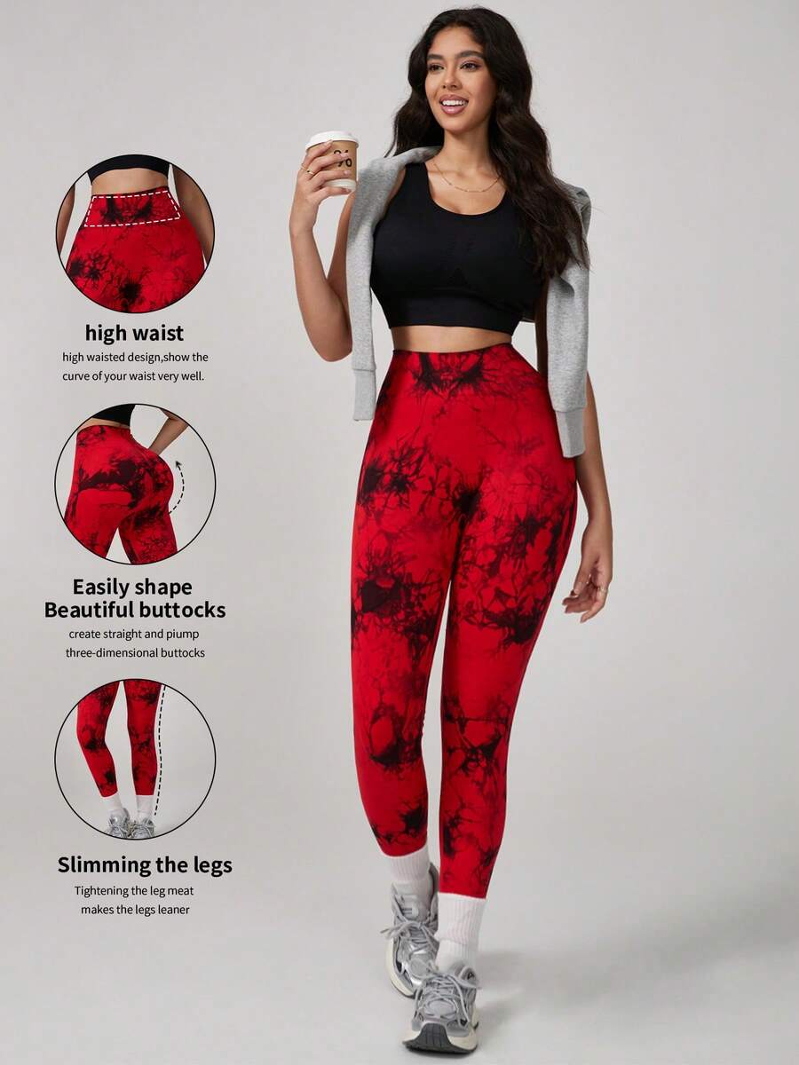 High Waisted Seamless Slim Tie-Dye Leggings For Women -Resilient Soft Touch Quick-Drying Breathable 4-Way Stretch Butt Lifting Legging, For Hiking Running Cycling Yoga Pickleball Exercise Casual - 紅色 - 查看 1