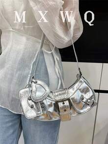 1pc Women's Retro Mira Rock Punk Rivets Decor Adjustable Strap Large Capacity Soft Faux Oil Wax Gradient Color Leather One Shoulder Underarm Baguette Bag, Suitable For Work Commute, Dating, Party - Silver - View 2