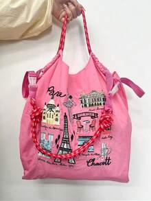 1pc New Fashion Embroidered Eiffel Tower Pattern Lightweight Foldable Nylon Tote Bag, Suitable For Party, Travel, Shopping And Beach Use