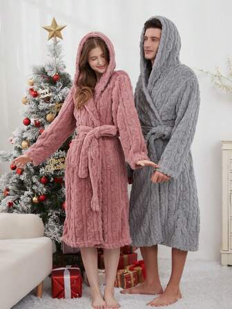 1pc Soft & Comfortable Jacquard Thermal Lined Long Fluffy Hooded Bathrobe With Pockets, Couple Style, Thick Double Layer, Suitable For Autumn/Winter