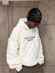 Men's Letter Graphic Jacquard Fleece Pullover Sweatshirt, Long Sleeve Top - Black and White - View 8