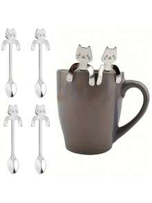 1/4/12pcs Creative Stainless Steel Coffee Spoon, Cute Cat Shaped Stirring Spoon, Korean/Japanese Style Kitchen & Dining Tool - Silver - View 1