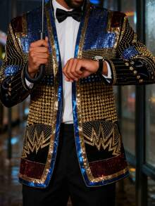 Men's Sequin Blazer, Floral Tuxedo Jacket, Lapel Suit For Party Wedding Banquet Prom - 黑色 - 查看 2