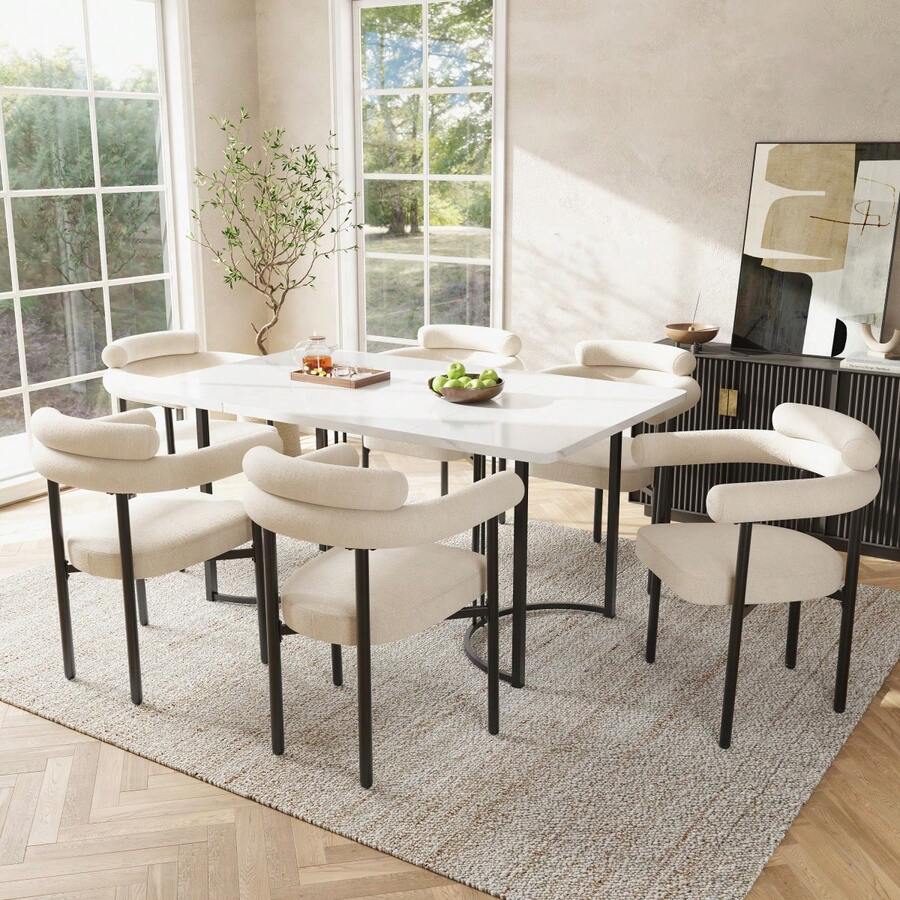 Table And Chair Set (5 Pieces), With Designer Metal Legs, Including 4 Hollow Armchairs In Wild Gray Leather Fabric, Elegant And Comfortable, Suitable For Restaurants. - 米色 + 白色 + 鐵 - 查看 1