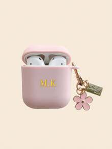 Personalized (With Small Flower Hook) Pink Simple Flower Shockproof Case Cover For Earphones, Compatible With Apple 1/2 3 Pro, Customized Letter Name, Back To School, Valentine's Day Gift, Good Birthday Gift, Holiday Gift, Gift For Men And Women, Personalized Gift - Pink - View 2