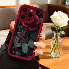 Cubierta de telefono con diseño de rosa roja y hojas oscuras color negro para iPhone elegante y estiloso ideal para uso diario y ocasiones especiales - Negro - Ver 4