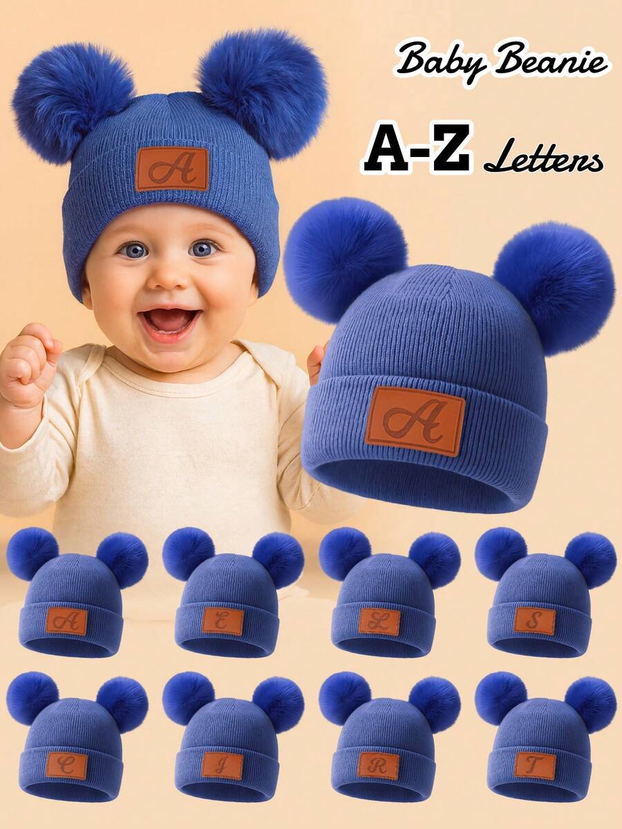 1 Stück Baby Griechisches Buchstaben Muster Gestrickte Mütze mit weichen Bommel, bequem & warm, geeignet für 1-3 Jahre alte Babys im Herbst/Winter - Graublau - Übersicht 1