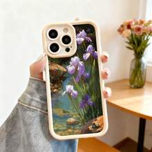 Cubierta de telefono con borde negro diseño de iris púrpura y charca con ranas para iPhone 14 Pro Max estilo natural elegante ideal para uso diario y viajes - Café integral - Ver 4