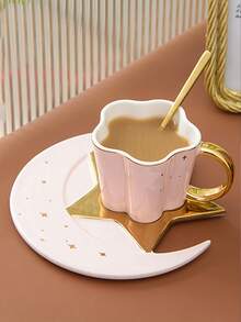 1pc Nordic Style Ceramic Coffee Cup & Saucer Set, Creative Gold-Plated Handle, Fashionable Star & Moon Design, Elegant Office/Afternoon Tea Cup