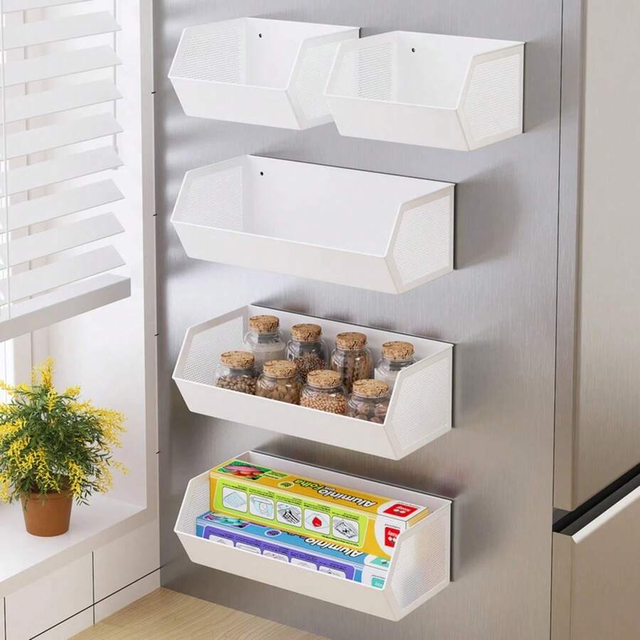 Estante de almacenamiento magnético para cocina, caja de almacenamiento lateral para refrigerador, caja lateral para verduras, artefacto de colgante magnético, cesta sin perforaciones - Blanco-Pequeño - Ver 1