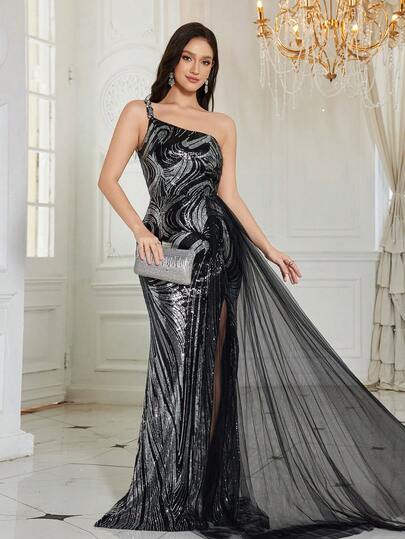 UNITHORSE 女式[随机剪裁]斜肩性感露背无袖亮片拼布网眼面料修身高开衩完美适合正式晚宴礼服婚礼宾客礼服毕业礼服