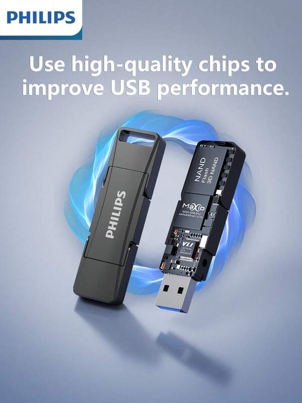 PHILIPS 飞利浦高速双端口闪存盘，USB 3.2，优质芯片确保稳定性，360 度旋转，您可靠的移动数据存储伙伴。