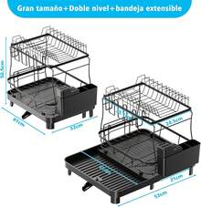 FULIFE Platos y Trastes de Acero Inoxidable, Organizador Expandible de 2 Niveles para Fregadero de Cocina, con Drenaje de Válvula, Grande Negro - plateado - Ver 5