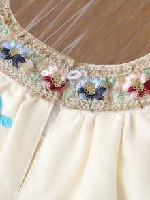 女童时尚花卉刺绣领公主薄纱连衣裙，配大蝴蝶结，适合宝宝派对，夏季 - 杏色 - 查看 4