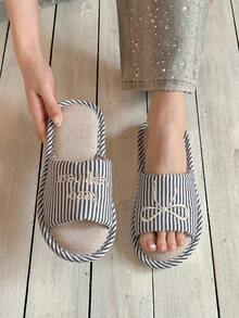 XIXITIAO Damskie, stylowe, pionowe paski z kokardką i wzorem liter, wygodne, oddychające, płaskie buty, lniane kapcie z miękkim dnem i blokami kolorów - Szary - Zobacz 11