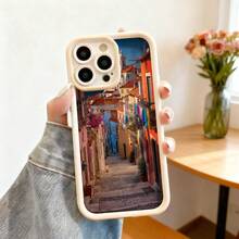Cubierta de teléfono con diseño de callejón europeo colorido negro para iPhone 14 Pro Max con estampado de edificios tradicionales y flores para uso diario y viajes - Café integral - Ver 4
