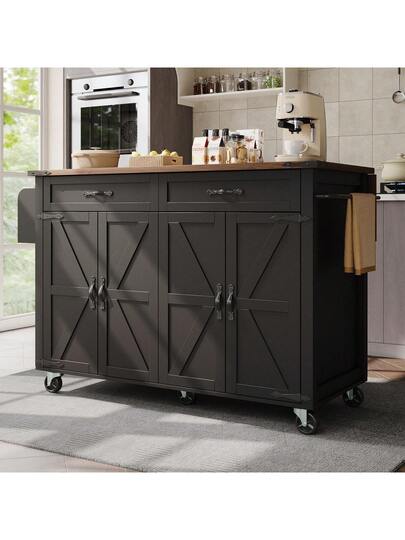Kitchen Isl Serving Cart Countertop, Cabinet, Trolley, Food Four Doors Two Drawers, Wood Finish view 10