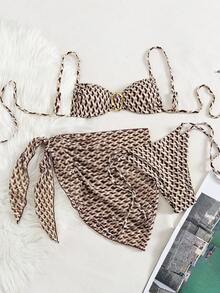 Conjunto de biquíni de 3 peças com estampa total, estampa sólida em toda a peça, estilo boêmio fofo, elegante e sexy, para férias casuais na praia com amarração frontal e costas abertas. - Castanho - Ver 7