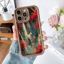 Cubierta de teléfono con borde protector color negro con estampado de bosque otoñal y personas recogiendo frutas para uso diario y estilo vintage - Negro - Ver 5