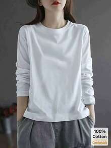 Women's Cotton Long Sleeve T-Shirt, Loose Fit Mid-Length White Top, Layering Shirt, Fashionable For Autumn/Winter