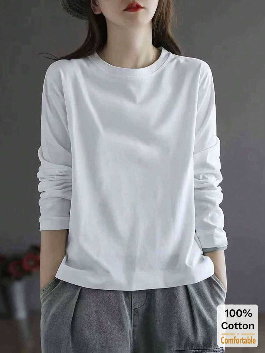 Women's Cotton Long Sleeve T-Shirt, Loose Fit Mid-Length White Top, Layering Shirt, Fashionable For Autumn/Winter