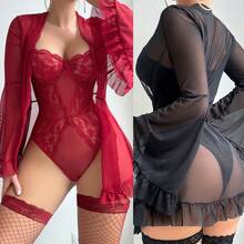 4-Piece Women's Sexy Pure Desire Lace See Through Jumpsuit Pajama Set, See Through Mesh Jumpsuit+Pajama+Mesh Socks+Silk Belt, Role-Playing Costume, Christmas Dress, Couple Game Costume - trắng - Xem 6