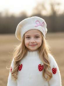 1pc Girls' Embroidered Bow Knit Beret Hat, New Autumn/Winter Knitted Hat, Decorative Hat, Painter Cap, Warm For Autumn/Winter, Versatile For All Seasons - 1PC - View 6