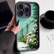 Cubierta de telefono con borde negro diseño de campo de margaritas y valla de madera para iPhone 14 Pro Max estilo natural fresco ideal para uso diario y viajes - Café integral - Ver 3