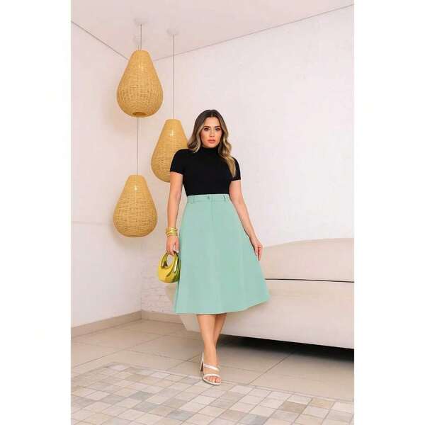 Saia Midi Alfaiataria Feminina Social com Bolsos e Zíper – Elegante para Trabalho e Casual