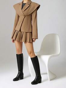 Women's Comfortable Chunky Heel Over-The-Knee Boots, PU Leather Tight Fitting High Shaft Casual Mid-Heel Riding Boots, Side Zipper Tall Boots, Solid Color Versatile Knee-High Boots For Commuting - Black - View 4